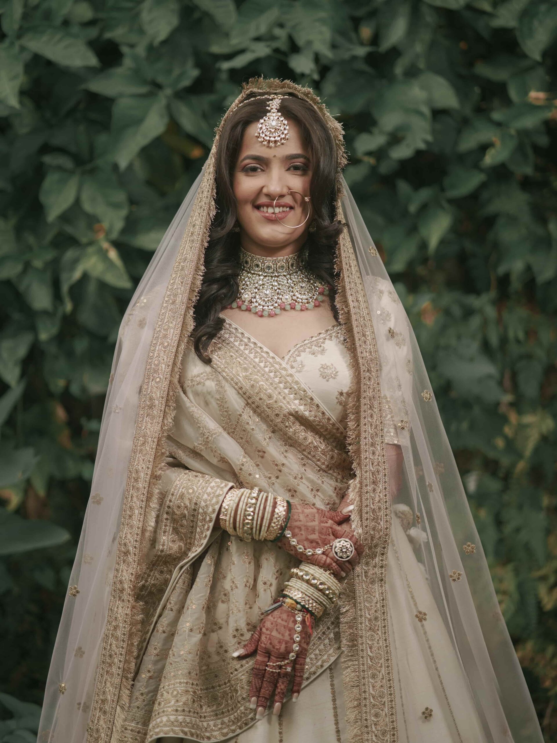 Ayushi and Devesh wedding couple portrait — jungle resort backdrop Jim Corbett