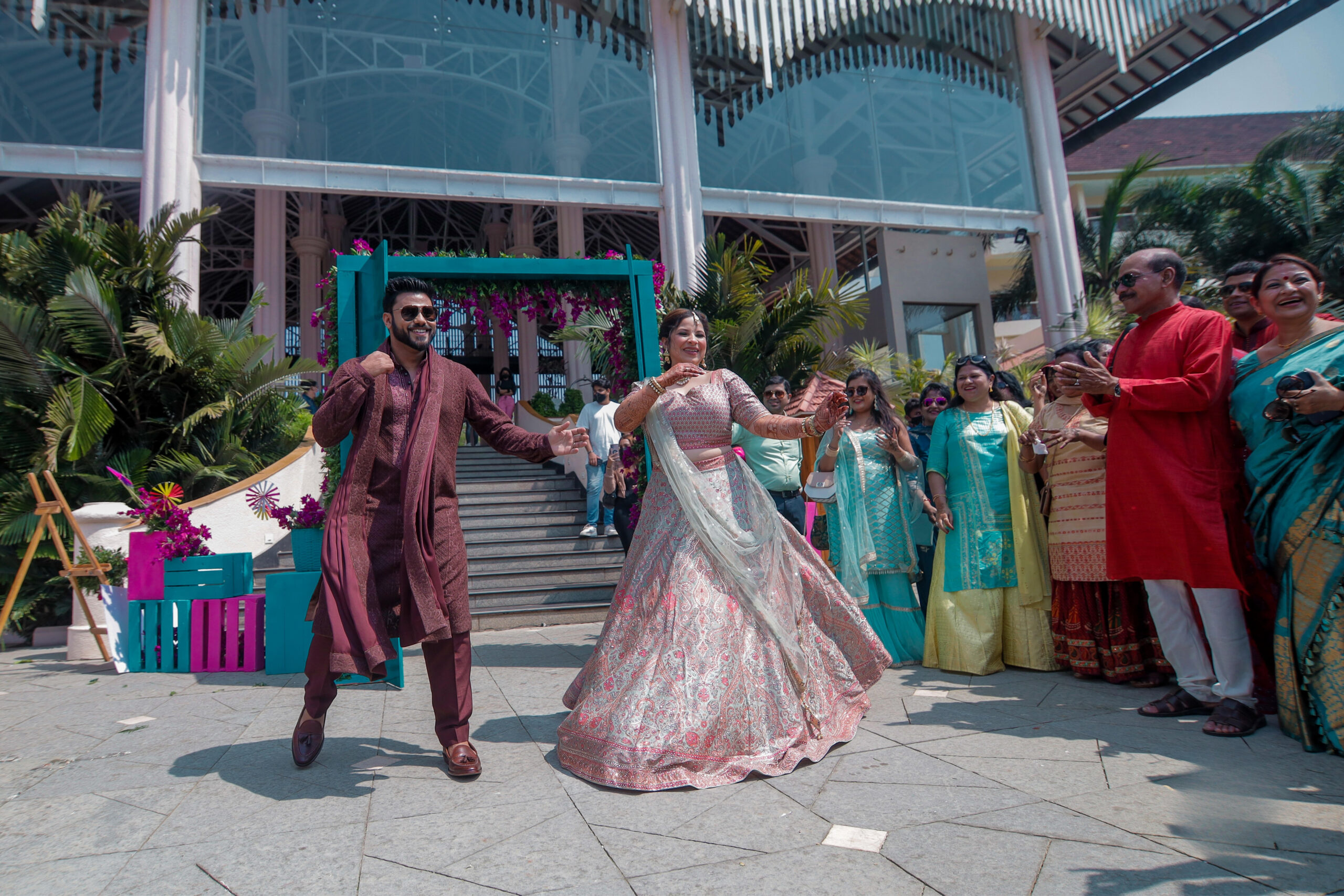 Wide shot of the beachside wedding setup at Phuket Marriott Merlin Beach — fairy lights and floral decor