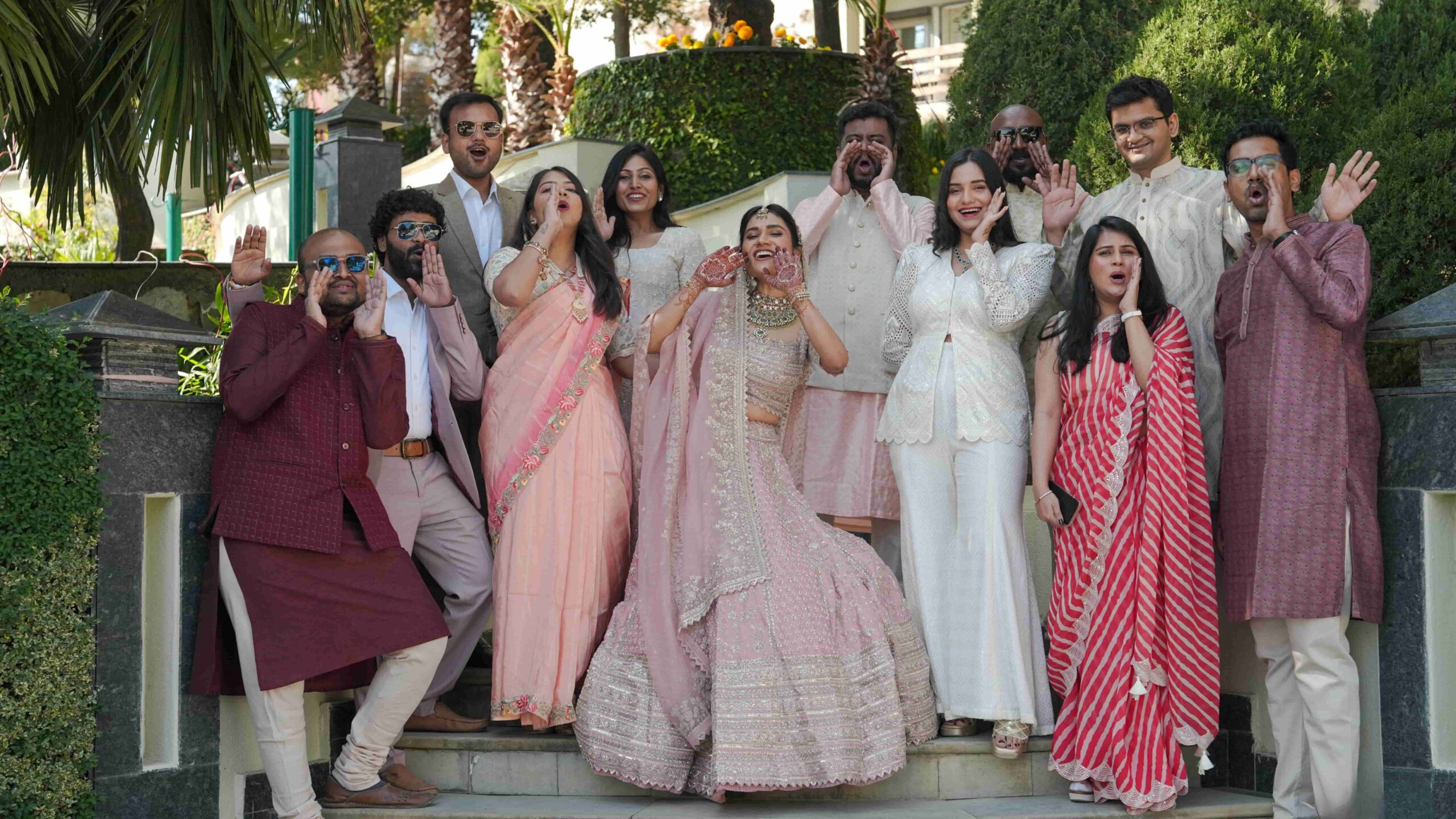 Wide shot of Arsh and Manya wedding — misty Himalayan hills, Royal Orchid Fort Mussoorie